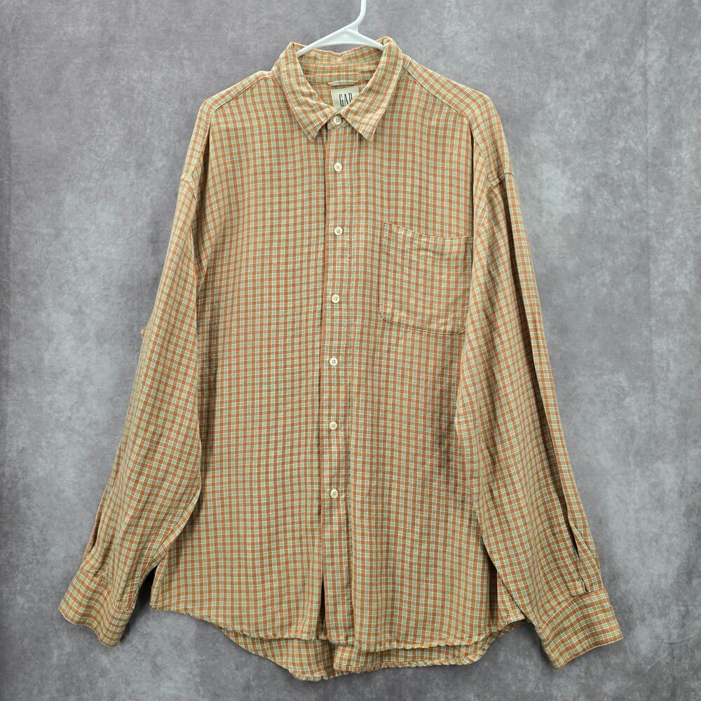Gap Orange‎ Checker Plaid Long Sleeve Button Down Mens Shirt Extra Large XL